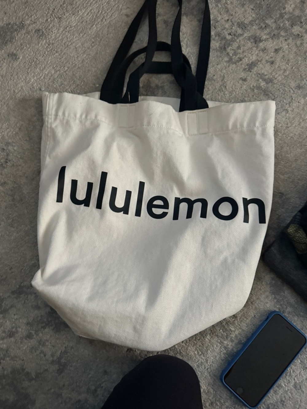 lululemon athletica White Canvas Tote with Black Logo and Handles